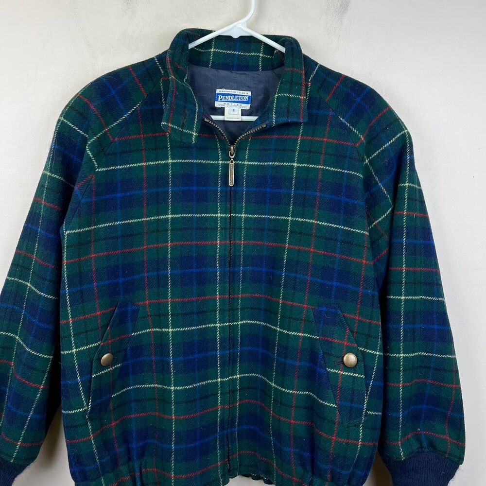 Vintage 90s Pendleton Womens 100% Wool Plaid Bomber Jacket Blue Green Size S - Picture 3 of 6